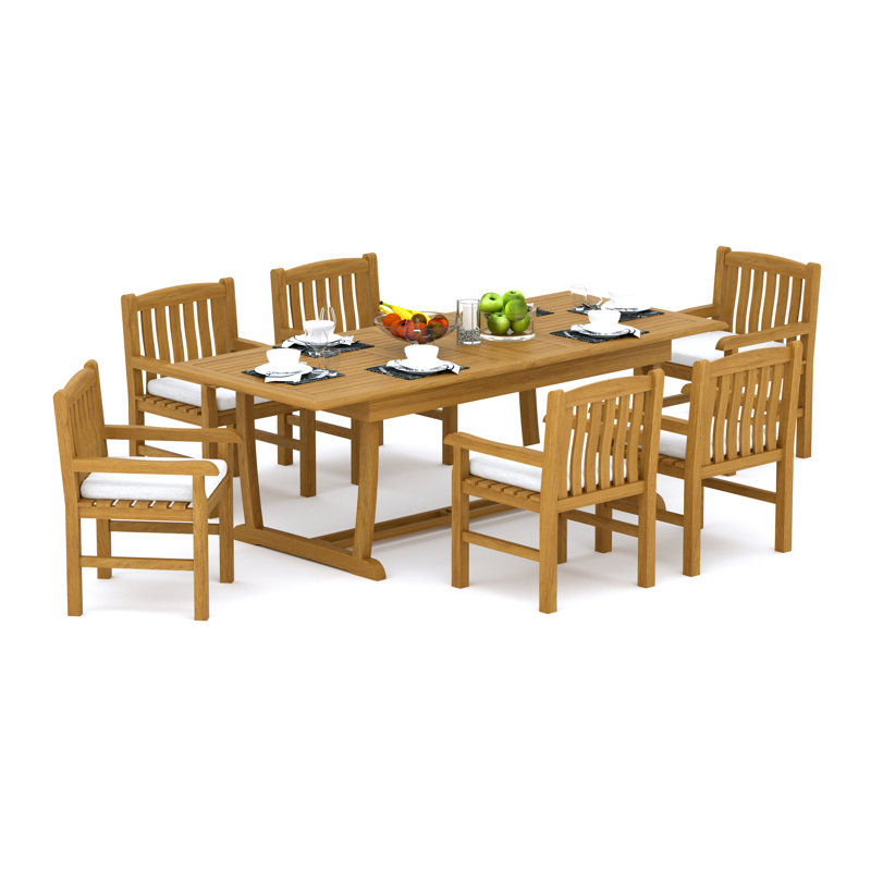 9 Pcs Grade-A Teak Wood Dining Set: 94" Double Extension Mas Rectangle Trestle Leg  Table And Devon Arm Chairs #11DV2108, 6