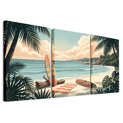 Ensemble de 3 toiles tropicales avec planches de surf et palmiers