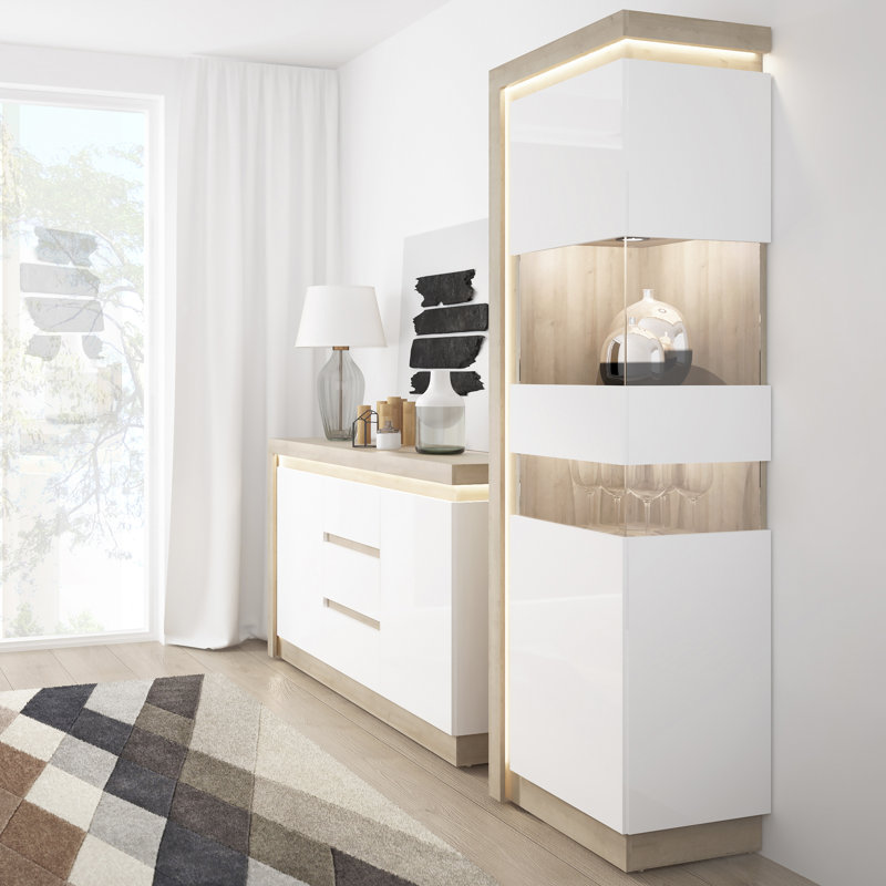 Blayze Display Cabinet, Riviera Oak/White High Gloss, Right Hand