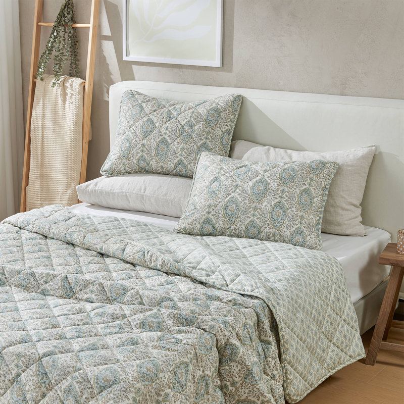Blue Taupe Floral Reversible Twin Quilt Set with Shams