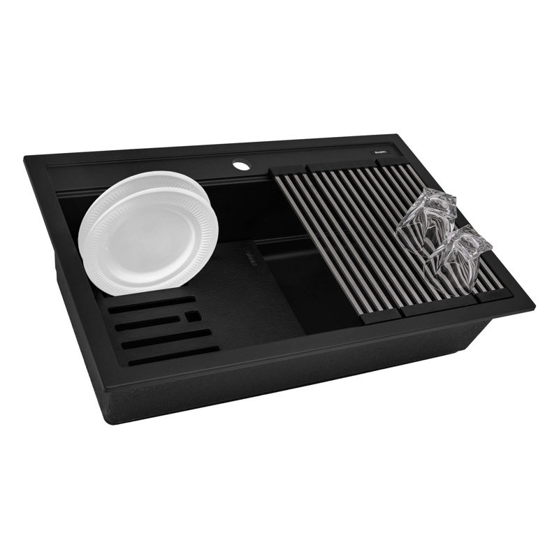 33.87'' L Drop-In Double Bowl Granite Kitchen Sink, Charcoal Black