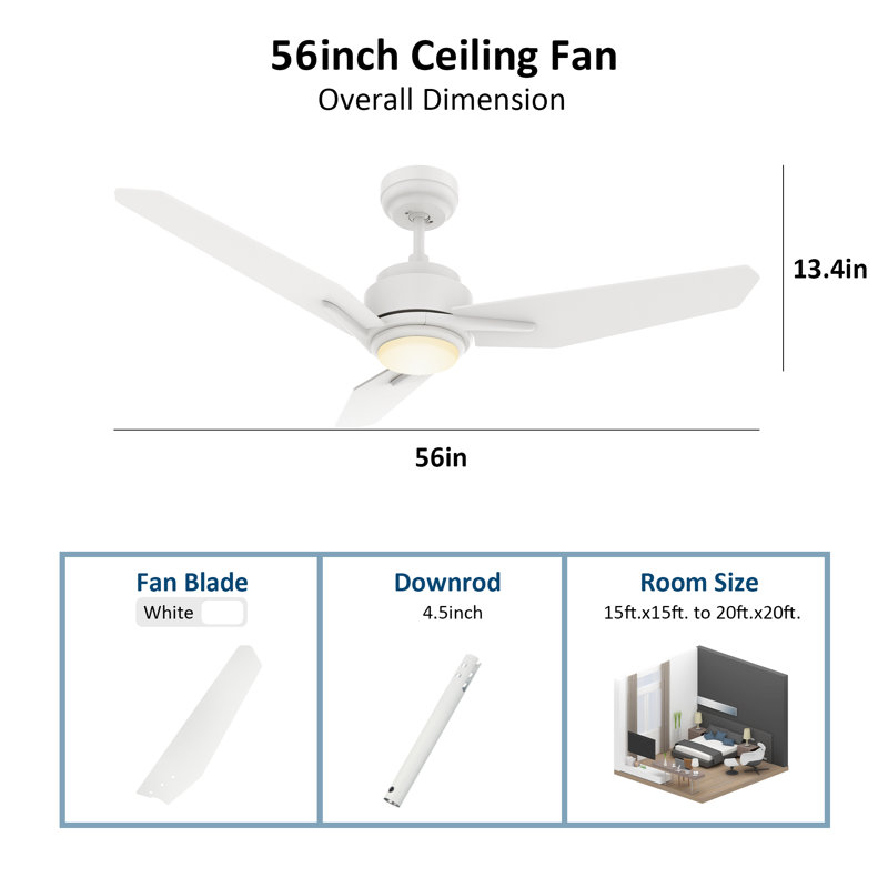 3 - Blade LED Smart Ceiling Fan with Light, White, 56" H x 5.8" W x 24.8" L