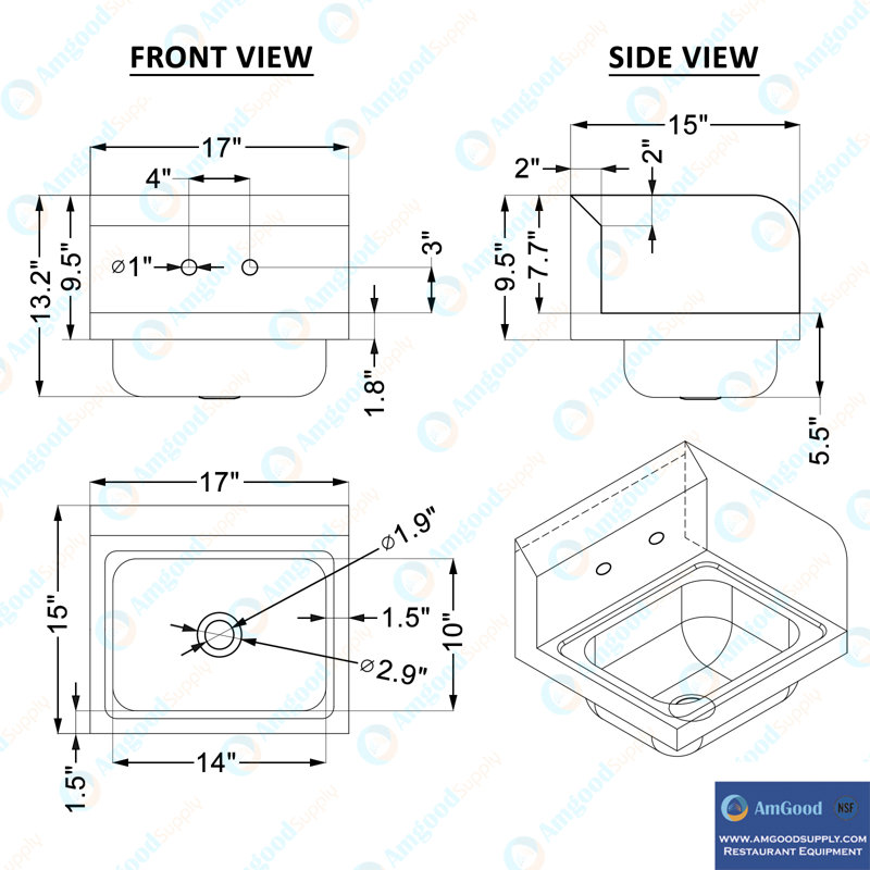 Stainless Steel Wall Mounted Hand Sink 17 in. x 15 in. With Right Side Splash And Gooseneck Faucet