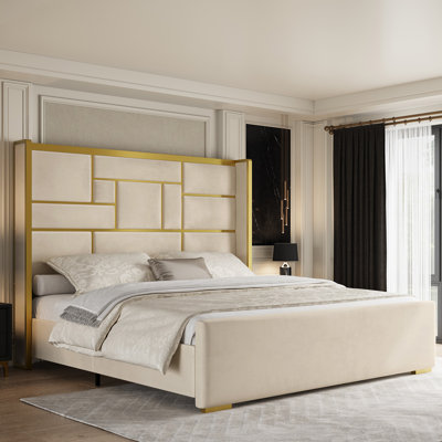 Modern Glam Velvet Platform Bed With 76" Tall Geometric Gold-Trim Headboard, King Size