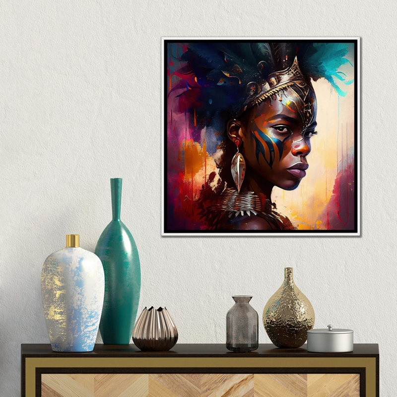 Femme de guerre puissante d'Afrique IV, Toile encadrée flottée blanche, H 18 po x l 18 po x P 1,5 po