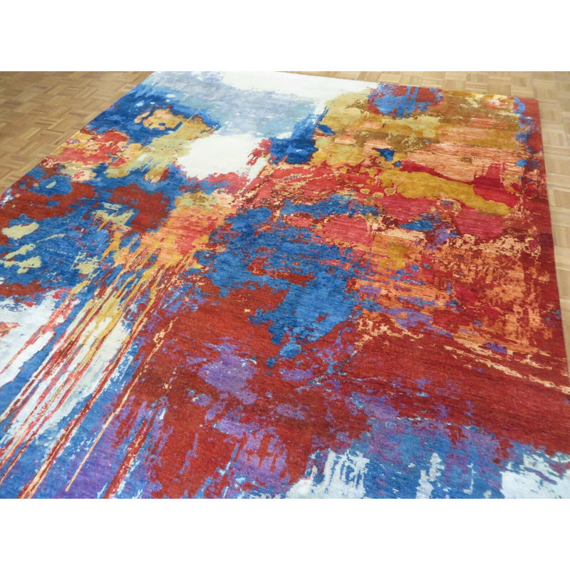 Tapis de zone en laine 9 pi 2 po x 12 pi noué la à la main one-of-kind