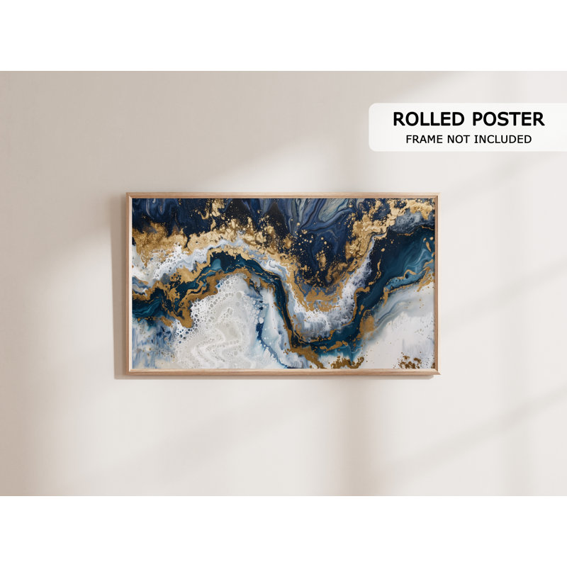 Géode abstraite, reproduction d'art sur toile ou marbre doré et bleu, Impression sans cadre, H 20 po x l 40 po