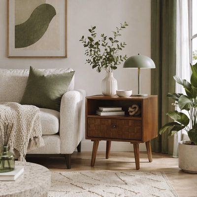 22" Mid-Century Modern Wood Nightstand with Carved Geometric Drawer Front, 1 Drawer and Open Shelf, Solid Wood Legs, Bedside Table for Bedroom