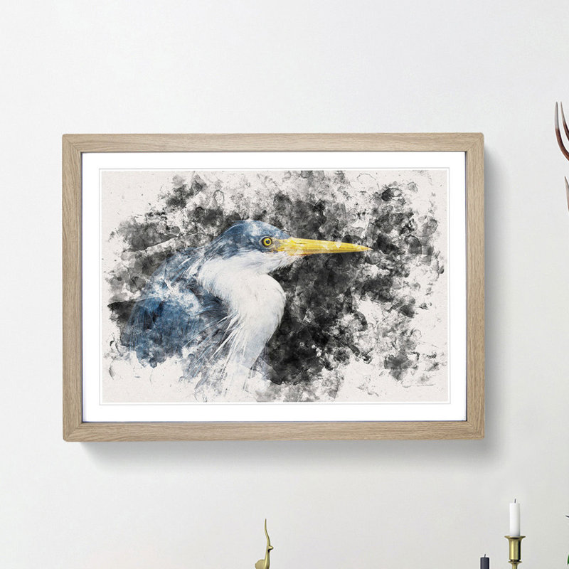 Pied Heron - Framed Print, 62cm H x 87cm W x 2cm D, Oak Framed