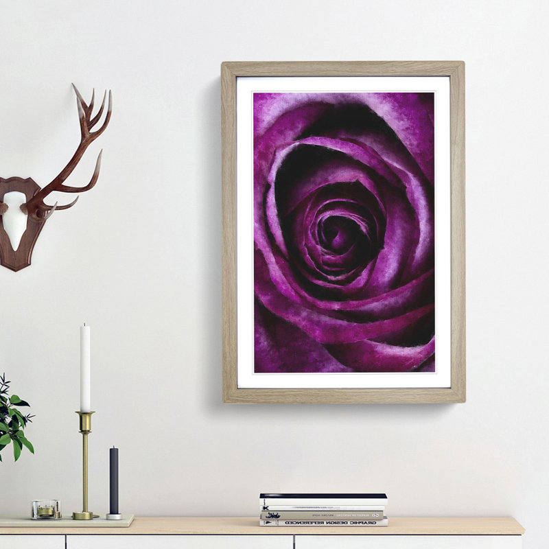 Striking Purple Rose Painting - Framed Print, 63cm H x 45cm W x 2cm D, Oak Framed