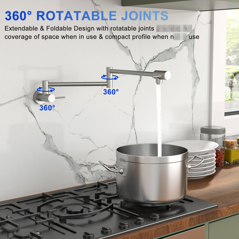 Brushed Nickel Wall Mounted Pot Filler, Single Hole Installation, Two Handles, 360 Swing Arm, Foldable Spout For Filling In Kitchen Mount Nickel, Swing, Design, Brass And Stainless Steel Stove