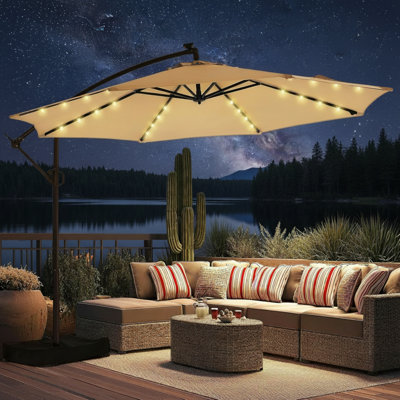 10-Foot Side-Cantilever Solar Patio Umbrella, Includes Light And Base, LED Lighting + UPF50 + Protection, Easy To Operate, Beige.
