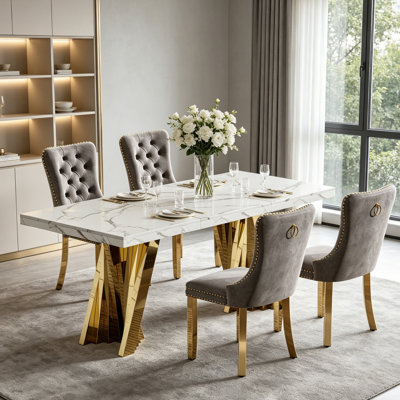 Modern Faux Marble Dining Table Set, Luxury 70.8" Dining Room Table with Velvet Upholstered Chairs, Luxurious Kitchen Table with Lightning Stainless Steel Pedestal, Rectangle Dining Table Set