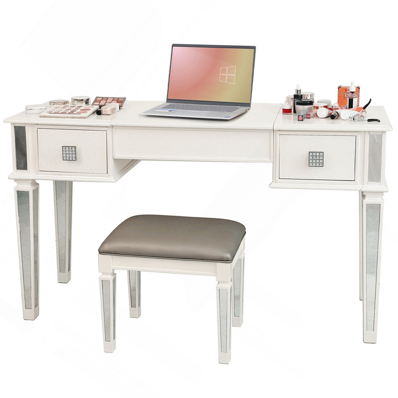 Bureau de coiffeuse en miroir avec tiroirs, ensemble de coiffeuse de chambre à coucher avec miroir et tabouret, coiffeuse rabattable pour chambre / salle de maquillage, bureau de travail pour femmes