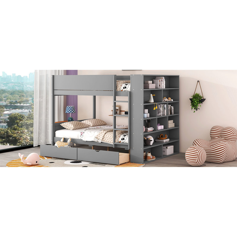 Lit double superposé double en gris - 2 tiroirs et armoire à couches multiples pour une chambre d'amis soignée et durable