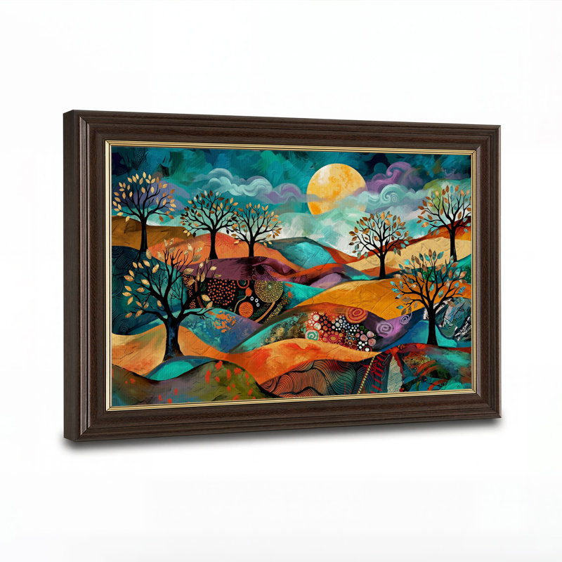 Tableau sur toile représentant des collines et des arbres colorés sous une lune orange, H 12 po x l 18 po