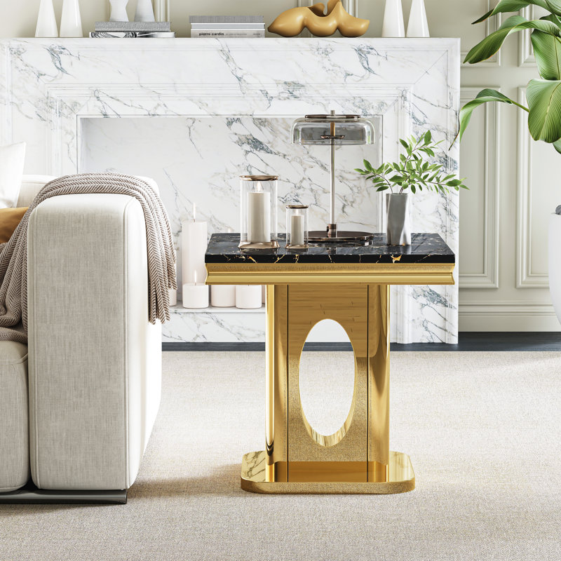 22.83" Square Marble End Table, Modern Faux Marble Top, Luxury Mirrored Polished Stainless Steel Round Hollow Base, Black