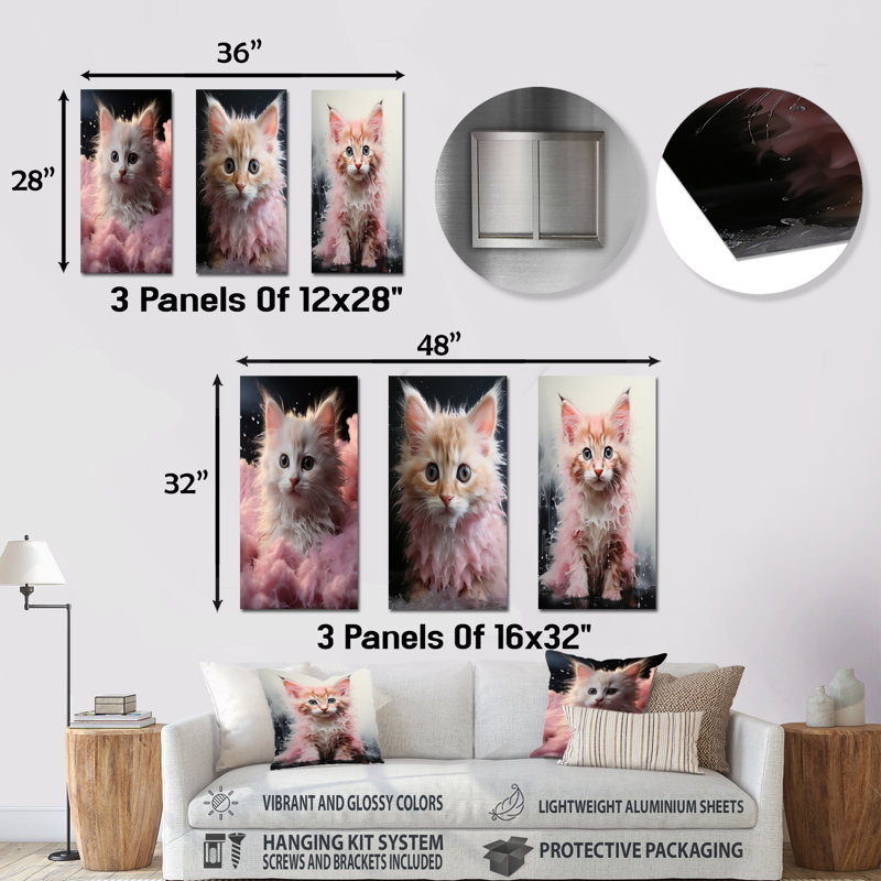 Bathroom Cuddly Kitten Bath - Bathroom Metal Wall Art Prints Set Of 3, 32" H x 48" W