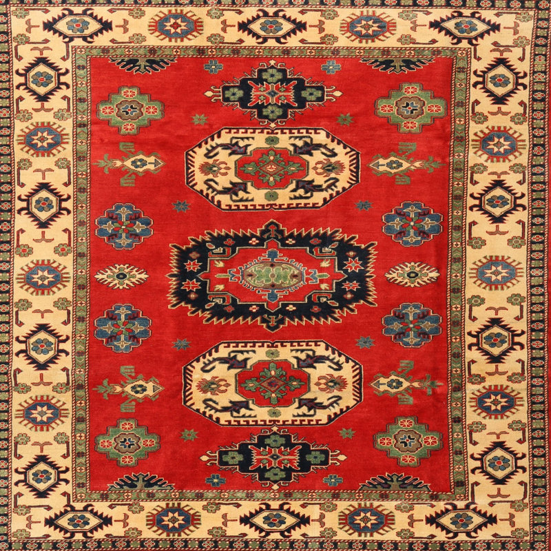 Tapis rouge/vert traditionnel Asaph, Carré 5 pi