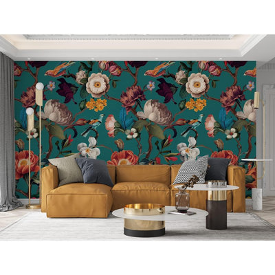 Adhésif mural floral auto-adhésif floral pour chambre à coucher, salon, décoration intérieure, bleu