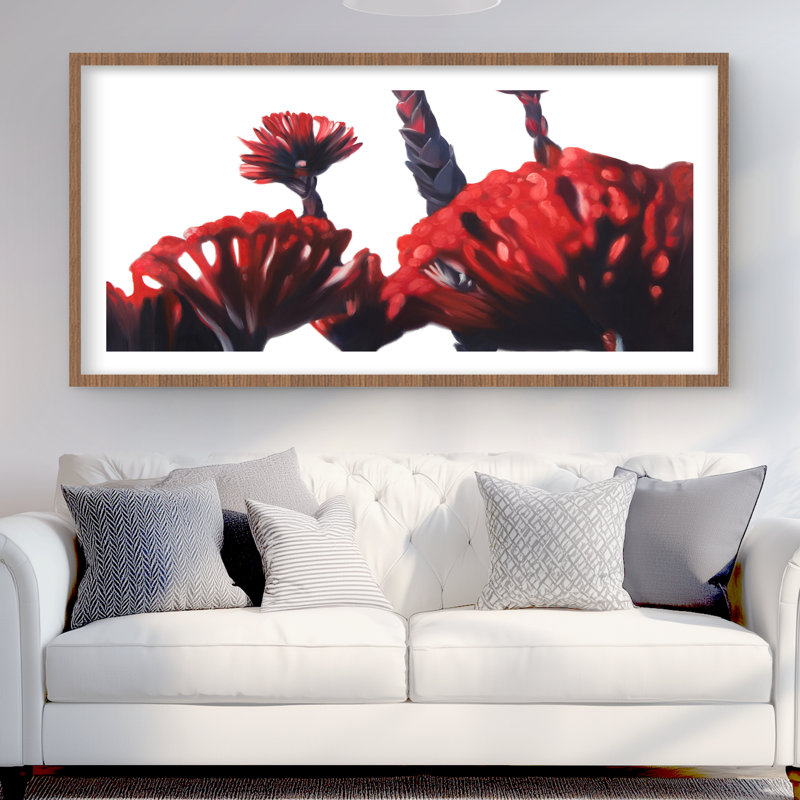 Fleurs tropicales rouges - reproduction encadrée pour la décoration intérieure, H 24 po x l 48 po, Brun