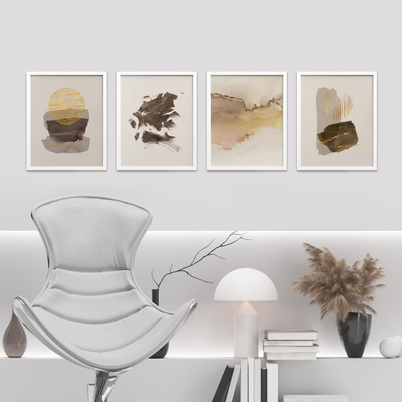 Coups de peinture pastel brun et jaune - ensemble de 4 reproductions de cadres photo simples, Blanc, H 10 po x l 8 po