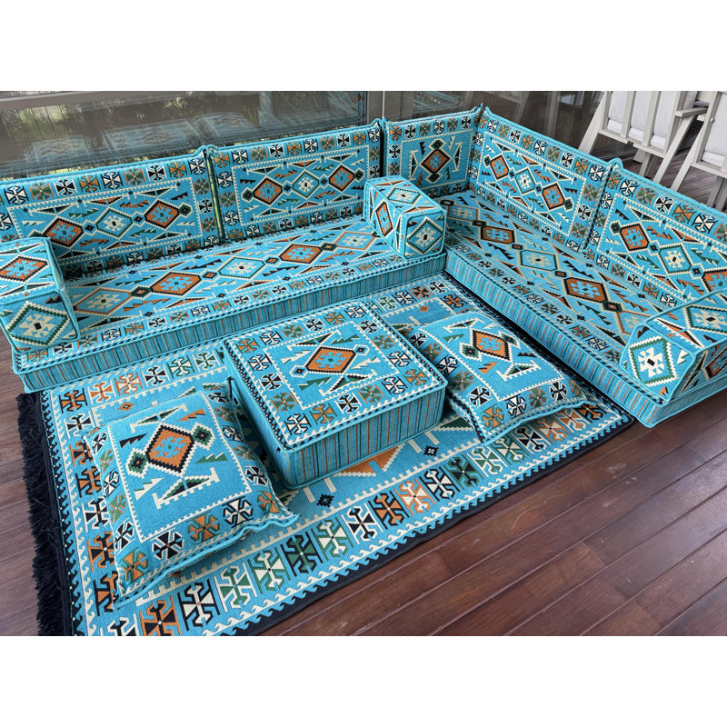 Ensemble de canapé avec repose-pieds Boho Chic avec repose-pieds et coussins, Sarcelle