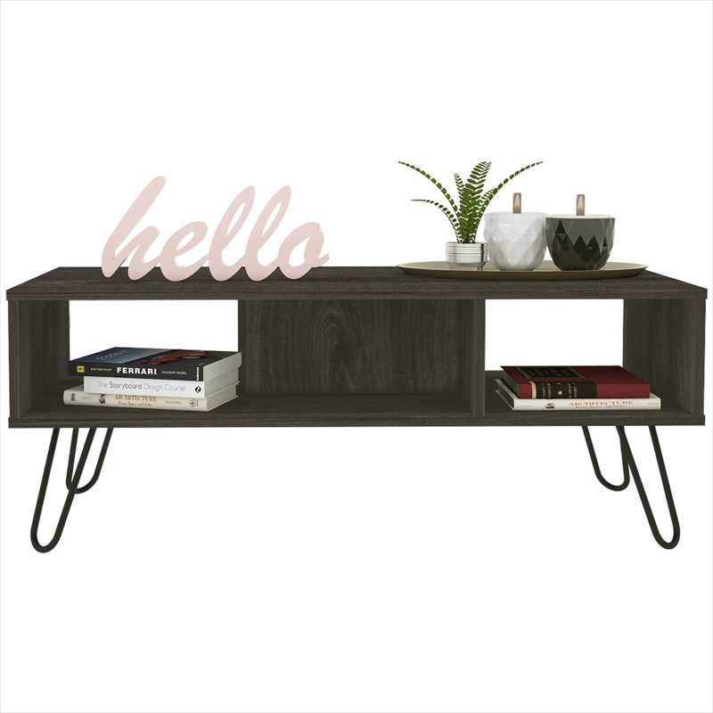 Table basse Mid-Century avec deux tablettes, brun chaud et noir, d'une largeur de 39,8 pouces