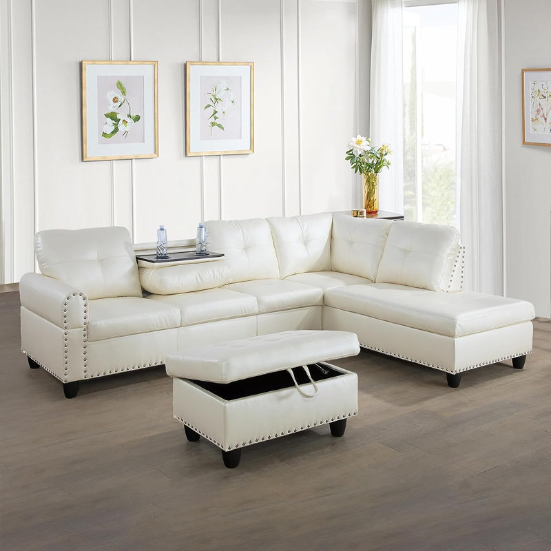 Canapé modulaire avec repose-pieds Plyler, Orienté à droite, Simili cuir blanc