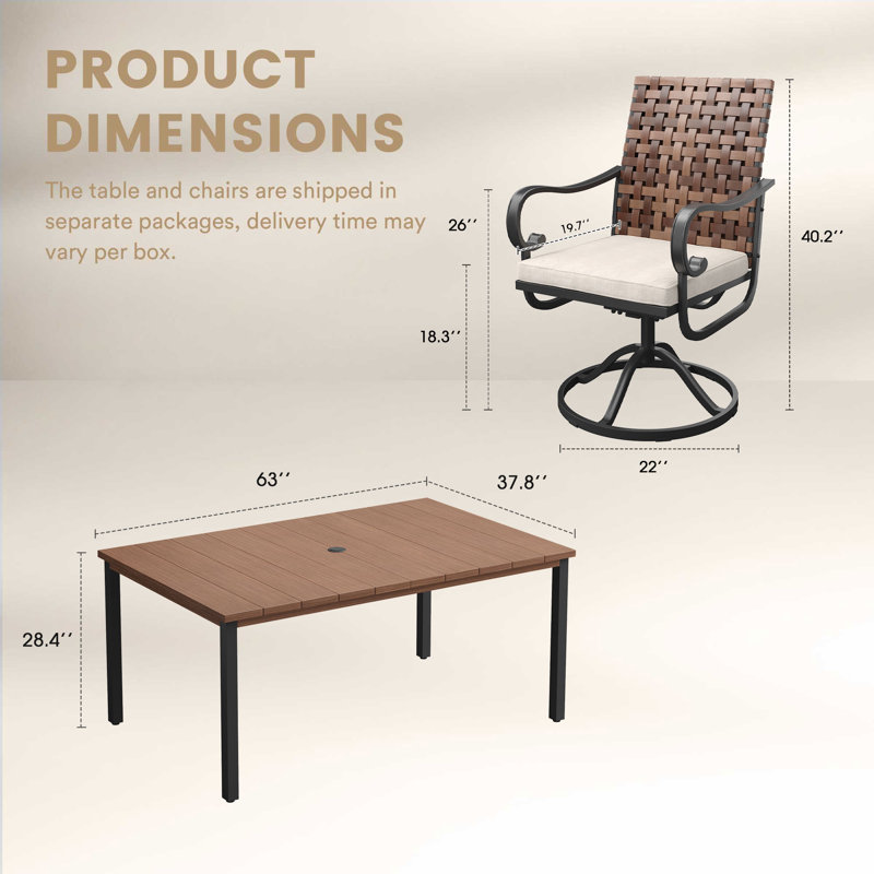 6-Person Rectangular  Outdoor Dining Set With Wicker Swivel Chair, Walnut