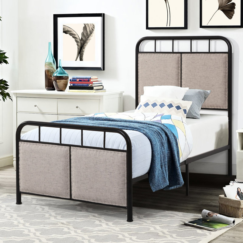 Lit simple en lin - Lit plateforme recouvert de métal, sections de tissu de tête et de pied, système de type fleur, stable silencieuse, assemblage transparent, compatible avec tous les styles de matelas, cadre de lit de 8 pouces requis,