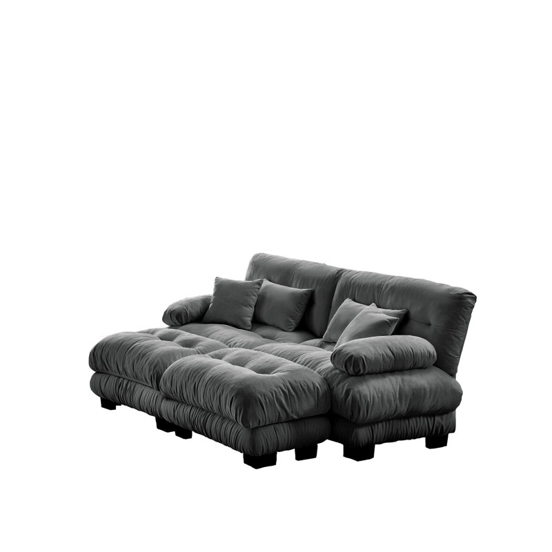Canapé-lit Cloud pour le salon, canapé 2 places en chenille avec 2 coussins lombaires et 2 coussins décoratifs, canapé rembourré à accoudoirs larges avec 2 repose-pieds, gris chenille