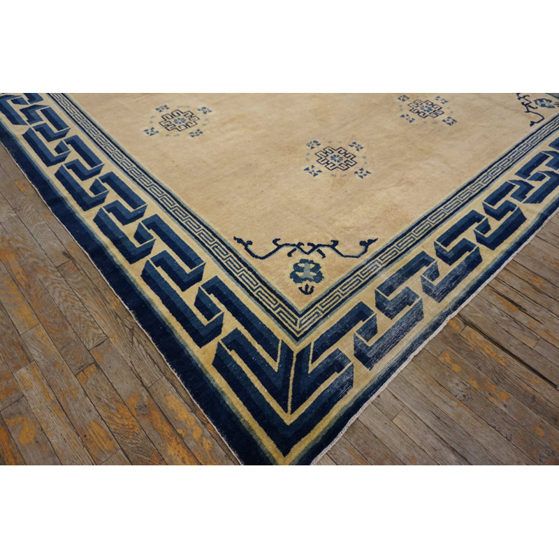 Geometric Greek Key Border Antique Floral Medallion Chinese Room Size Ivory Peking Rug