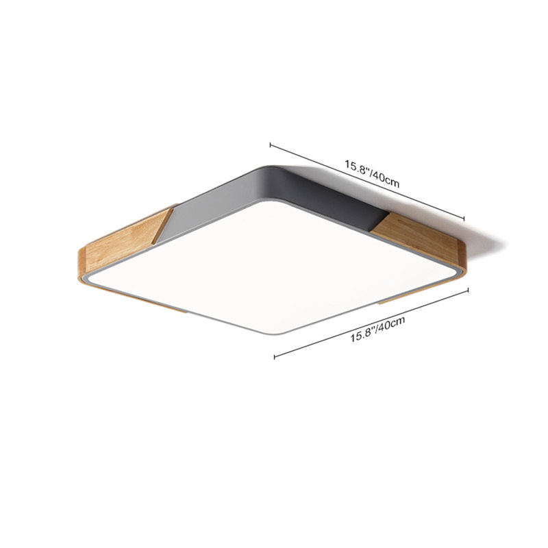 40cm LED Dimmable Flush Mount, Modern Square Ceiling Light with Wood Accent, Gray