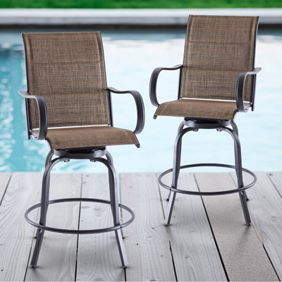Ensemble de 2 tabourets de bar pivotants d'extérieur, tabourets de bar rotatifs à hauteur de 360 ° avec tissu textilène et repose-pieds, structure en métal thermolaqué toutes saisons pour patio, terrasse et balcon