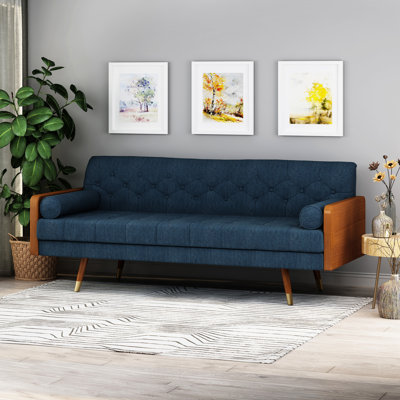 Tissu bleu marine Mid-Century moderne avec capitonnage à boutons et pieds évasés, option tissu
