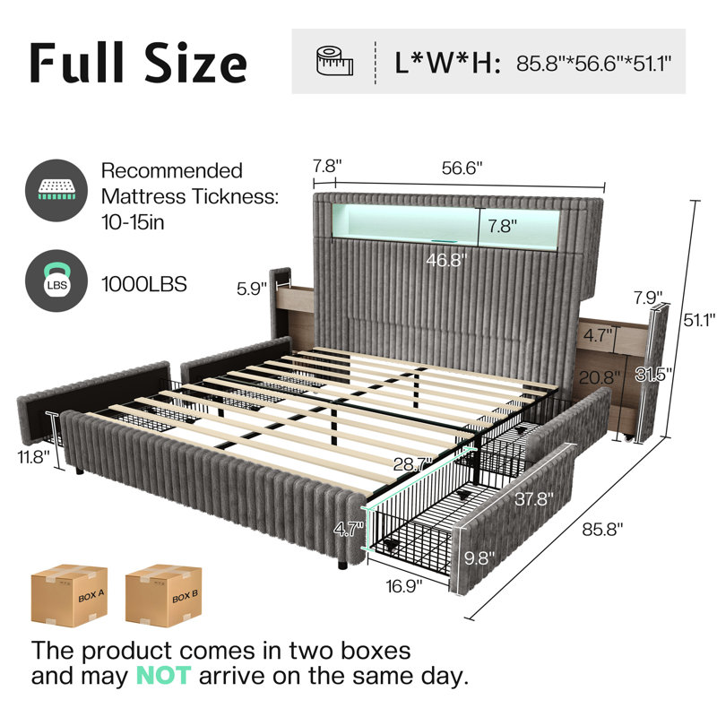 Smart Upholstered Bed Frame, Full /Double, Gray