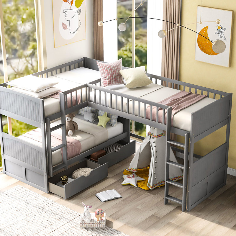 Lit superposé simple avec mezzanine gris Space - avec tiroirs fonctionnels et espace de rangement supplémentaire, Gris