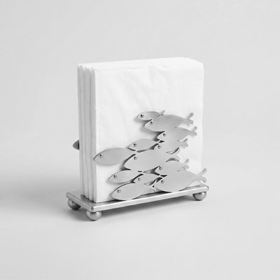 School of Fish Coastal Metal Napkin Holder, Brushed Silver Tabletop Napkin Caddy for Kitchen & Dining Table