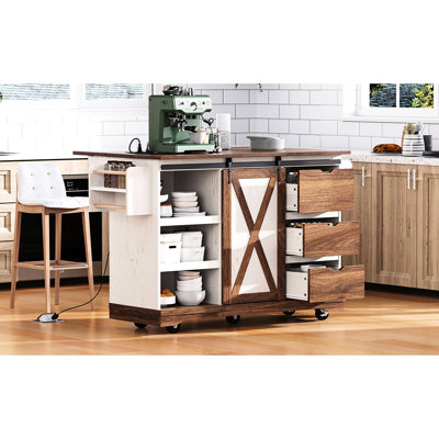 55.5 - Inch Kitchen Island, Drop Leaf, Sliding Barn Door, Adjustable Shelf, Lockable Wheels, And Dining Convenience Charging Station, Storage Drawers, Home
