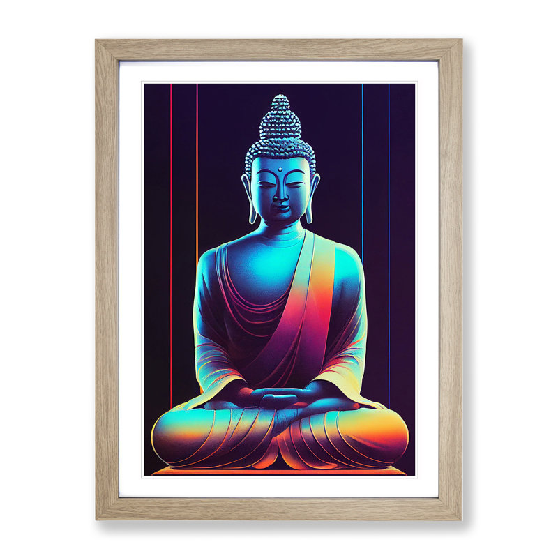 Buddha in Neon - Wall Art, 66cm H x 48cm W x 2cm D, Oak Framed, White