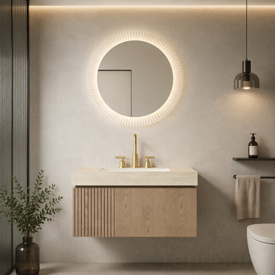 Meuble-lavabo de salle de bain, meuble de rangement flottant en contreplaqué avec tiroir et porte, comptoir en pierre frittée Roma Travertine et lavabo en céramique avec 3 trous de robinet pré-percés, pré-assemblé