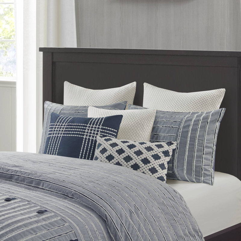 Essence Oversized 100% Cotton Clipped Jacquard Comforter Set, King, Blue