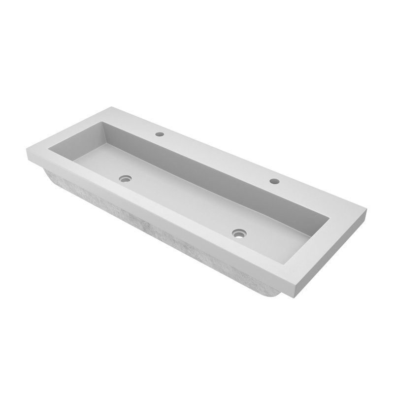 Trough Concrete Handmade Rectangular Drop-in Bathroom Sink, Pearl, Two Holes Faucet