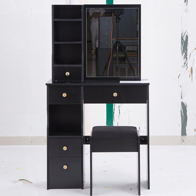 Table de coiffeuse compacte à tiroir gauche avec tabouret rembourré et très grand miroir coulissant