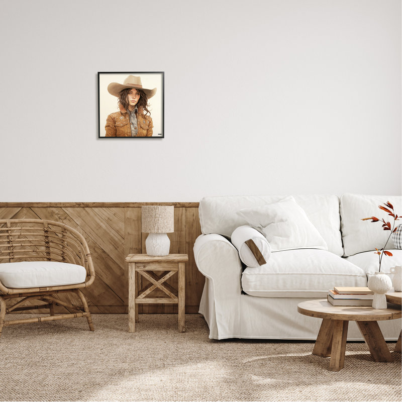 «Boho Cowgirl on Beige» par RB, impression sur toile, H 17 po x l 17 po, Giclée encadrée noir minuit