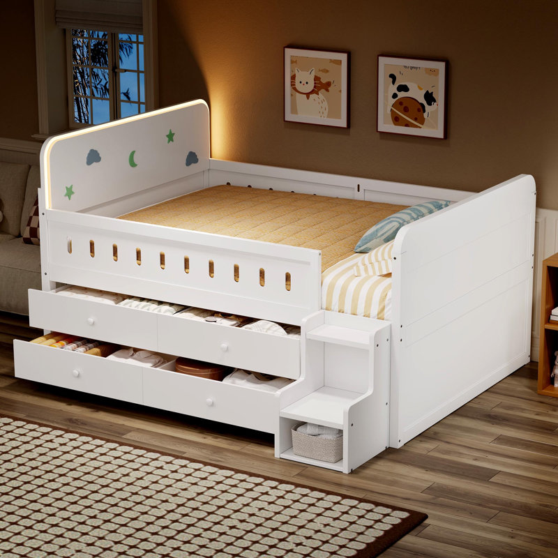 Wooden Full Size Bed With LED Light, Storage Drawers, White, White