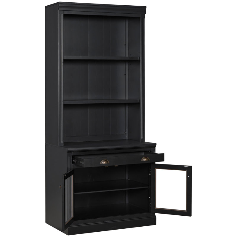 83.4" Tall Rectangle Black Modern Bookcase With Glass Doors And Drawer For Bedroom Decor, High - Quality Metal Handles Shelves 2 1 Home Office Use, Rust Slide Stable Structure