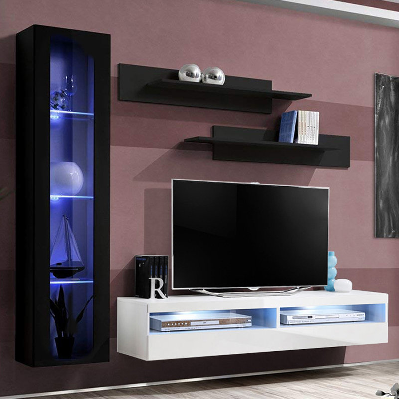Lineberry 85" Modern Floating Wall Mounted Entertainment Center with 16-Color LED Lighting, High Gloss Finish, Black/White