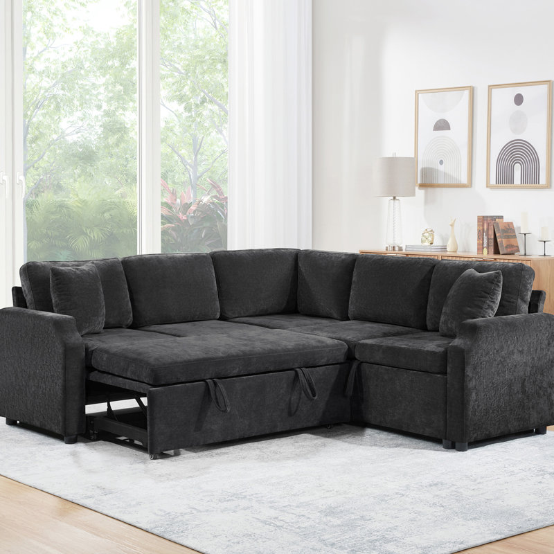 81.9" Upholstered L-Shaped With Convertible Bed, Storage Space, Cozy Chenille Fabric, Throw Pillows For Compact Living Sectional Pull-Out Sleeper, Hidden Storage, Chenille, Arm Support Areas